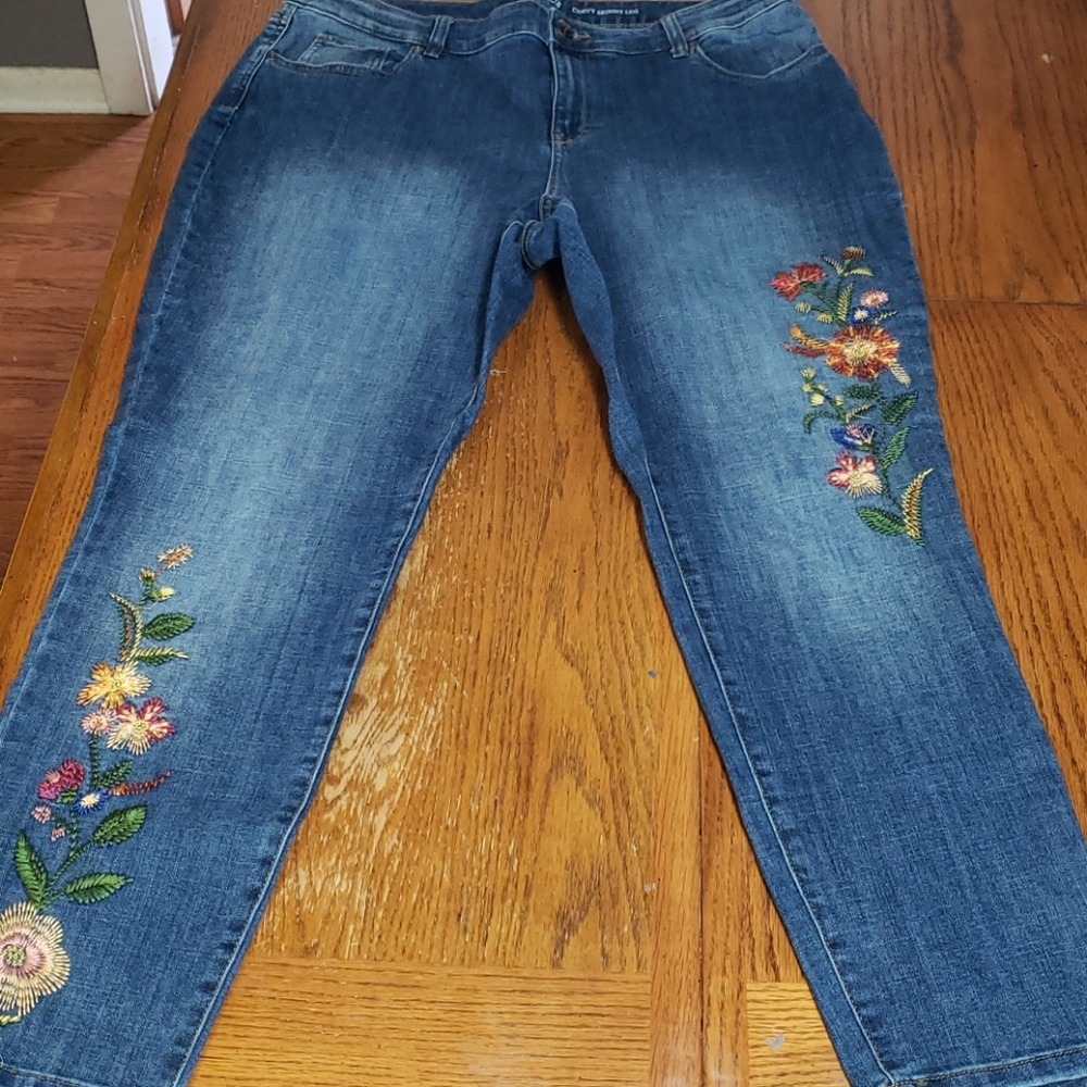 Style & Co. Blue Skinny Jeans with Floral Embroidery